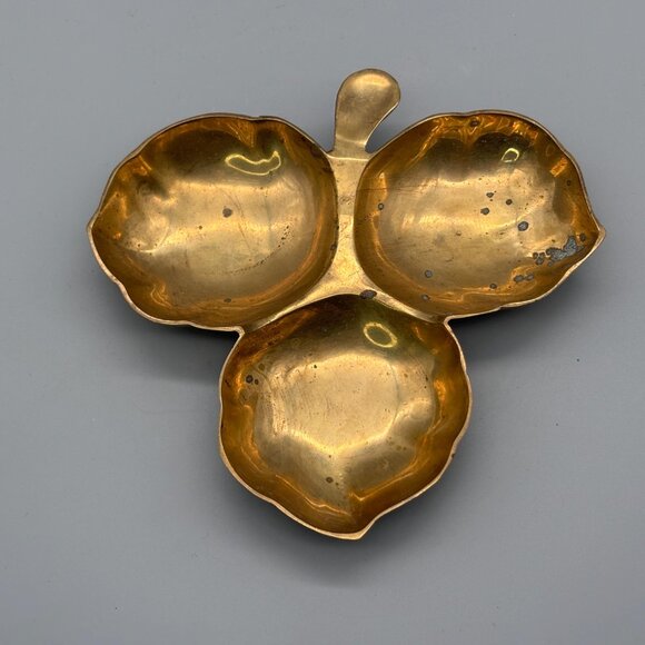 Vintage Brass Leaf Divided Dish Three-Section Nut Bowl Decorative Serving Piece - Picture 5 of 6
